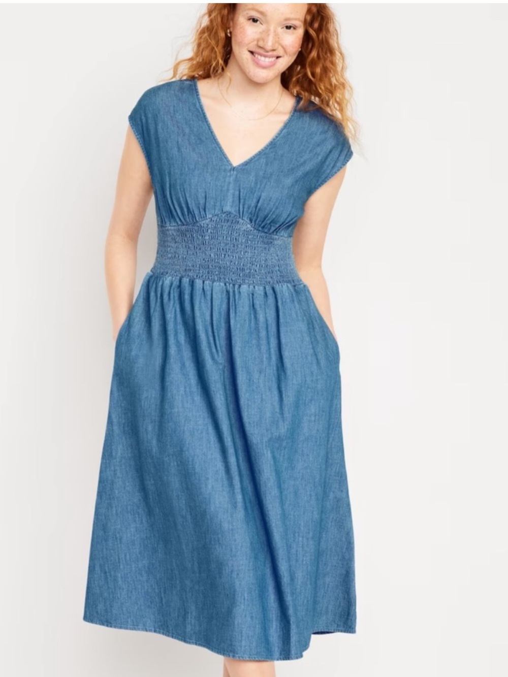 Old Navy Denim V-Neck Smocked Waist Midi Dress